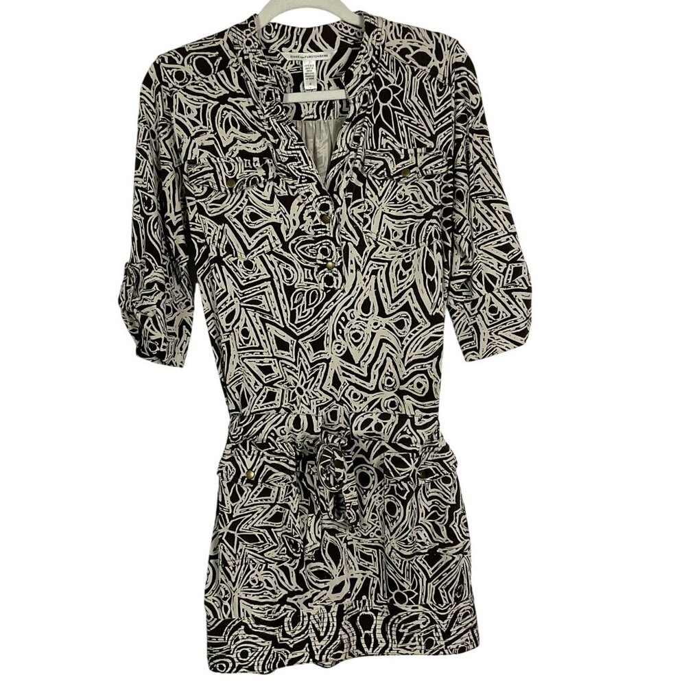 Diane von Furstenberg brown and white printed 3/4 sleeve silk shift dress, sz 10 - Picture 6 of 11
